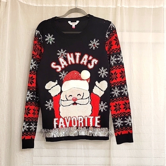 Ugly Christmas Sweater Santa Embroidered with Real Garland & Jingle Bells - Picture 1 of 15